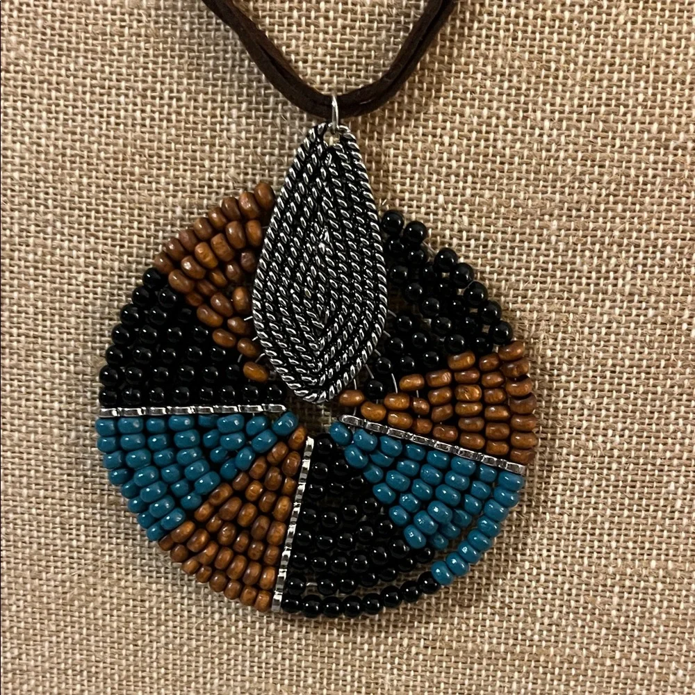 Handcrafted Beaded Pendant Necklace Black Brown Blue with Silver‎ Tone Accents